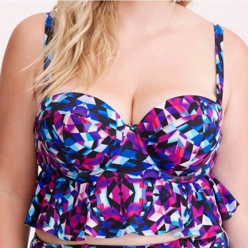 Torrid Geo Print Purple Blue Peplum Bustier Bikini Top Womens Plus Size 1X